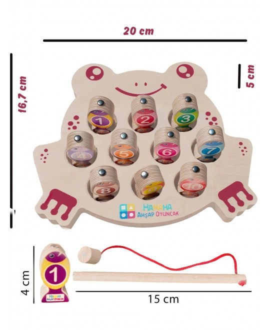 Hamaha Eğitici Ahşap Oyuncak | Kurbağalı Ahşap Manyetik 10'lu Balık Tutma Oyunu