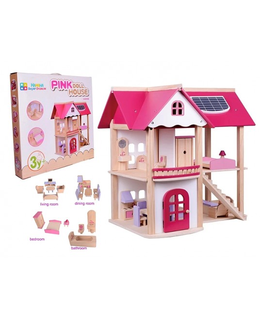 Hamaha Eğitici Ahşap Oyuncak Pembe Oyun Evi Mobilyalı Pink Doll House